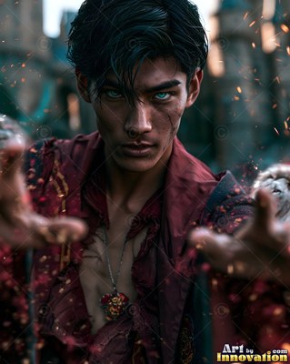 In a courtyard, a dark-haired man in red robes reaches out with both hands