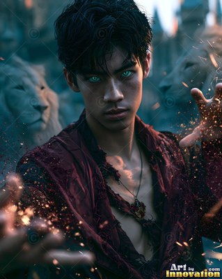 Young man in torn bright red robe with sparks near stone lions