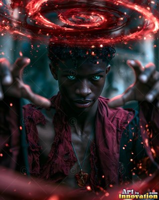 In a torn red shirt in a dim courtyard, a young man raises his hands under a swirling red circle