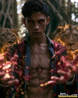 A dark-haired man casts red sparks between two lions in a forest under dim light
