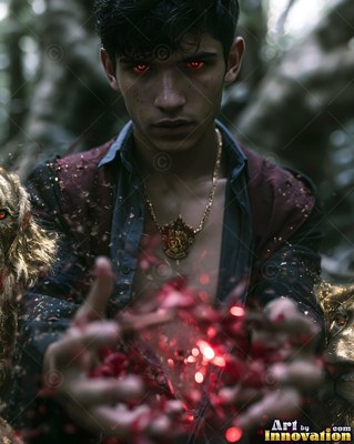 Facing forward in the woods, a man with red eyes cups bright red sparks in his hands