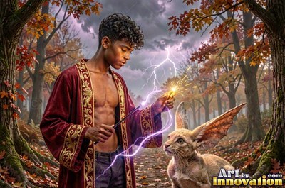 A young man in an open red cloak points a wand at a small winged cat in the woods