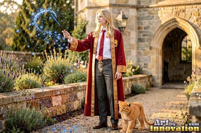 Outside a stone castle, a blond young man casts blue sparks near a lion cub