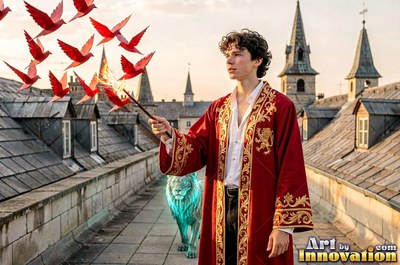 Young man in a bright red robe waving a wand on a castle roof