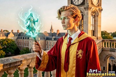 Wearing a red and gold robe on a high stone balcony, a young blond man holds a wand tipped with blue light