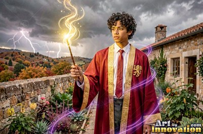 A young man raises a wand on a stone terrace, casting yellow trails of light