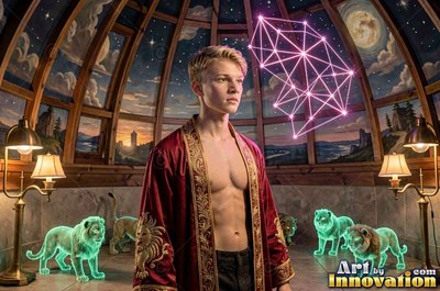 Standing shirtless in a loose scarlet robe, a young man poses under a painted dome