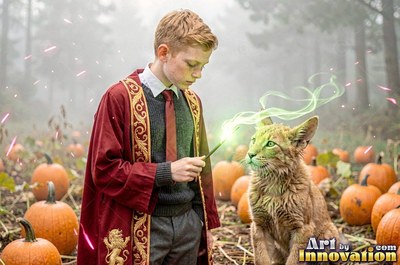 A young man in red robes points a wand at a sitting cat in a foggy pumpkin patch