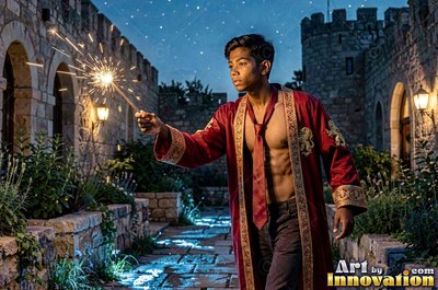 In a stone castle courtyard, a young man in an unbuttoned red robe holds a sparkler wand