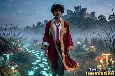 Walking along a misty trail, a young man in a red robe follows bright paw prints