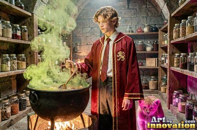 Wearing a scarlet robe with gold trim in a stone potion cellar, a young man stirs a boiling cauldron