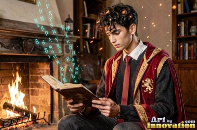 A young man reads an open spellbook beside a warm fireplace with green runes floating upward