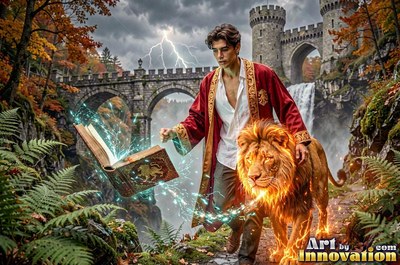 Walking forward on a path, a young man in a red cloak walks beside a fire lion