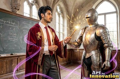 A young man in a bright red robe points a sparkling wand at a suit of armor