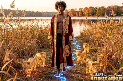 By a quiet autumn lake, a barefoot man in a red robe walks with small lion cubs