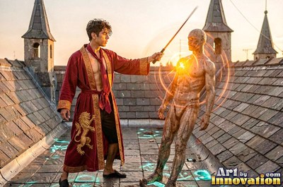 Aiming his wand on a slate roof, a man wearing an unfastened red robe casts light at a statue