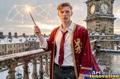 A blond man in a red cloak holds a wand on a snowy castle roof