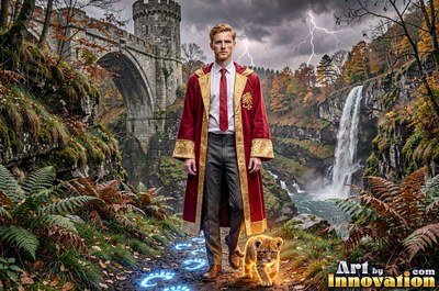 A red robe with gold trim covers a man walking a lion cub near a stone bridge