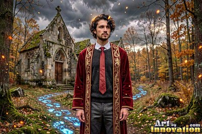 A man in a red cloak stands near a stone chapel beside bright blue footprints