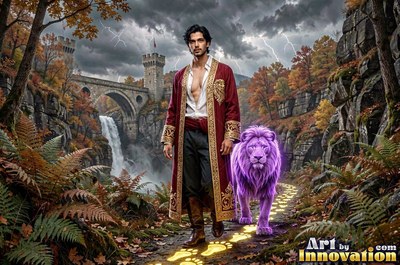 Walking forward in a rocky canyon, a man in a scarlet robe walks beside a purple lion