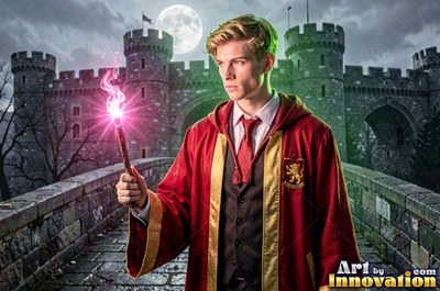 A blond man in red robes holds a lit wand on a stone bridge by a castle