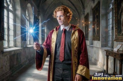 In a stone hall, a red-haired man in a maroon robe holds a wand sparking blue light