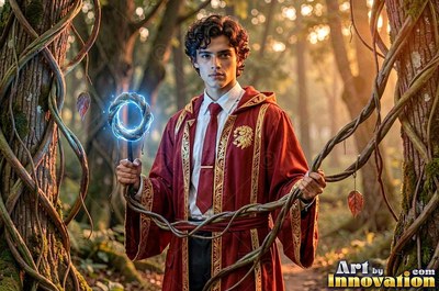 Young man in a bright red robe holds a staff in a forest