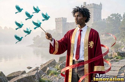 Wearing a gold-trimmed scarlet robe, a young man waves a wand by a lake with a castle behind him