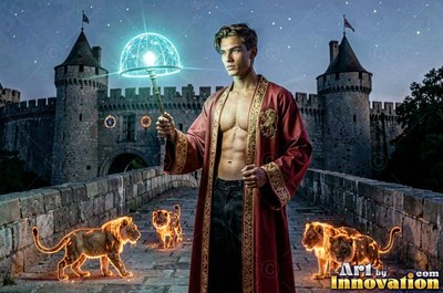 A shirtless man holds a staff above small fire lions with bright cyan light overhead