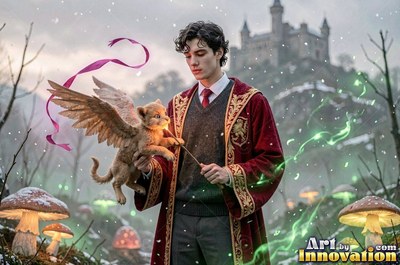 Standing outdoors by a castle, a young man grips a wand to a winged lion cub