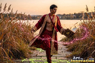 A shirtless man in an unzipped bright red robe walks along a path by a lake with a book
