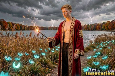 Holding a sparking wand, a blond man wearing an unfastened scarlet robe stands by a stormy lake