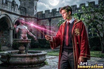 Wearing a red robe with gold trim in a castle courtyard, a young man aims his wand at a fountain