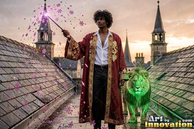 A man in a scarlet robe casts pink sparkles from his wand beside a green lion on a rooftop