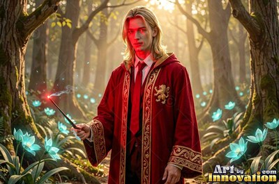 Standing in a sunlit forest, a blond man holds a wand in red robes