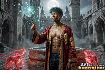 A shirtless man in an unbuttoned deep red robe holds up a sparkler wand by a courtyard fountain