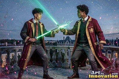 On a castle balcony, two young men in red robes cross green laser wands