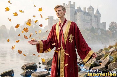 Catching falling leaves, a young man wears a red robe before a stone castle