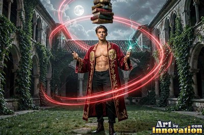A man in a scarlet robe uses a wand in a stone courtyard