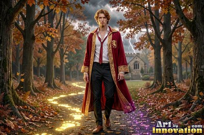 Wearing a loose red cloak with gold trim, a man walks an autumn forest path toward a stone building