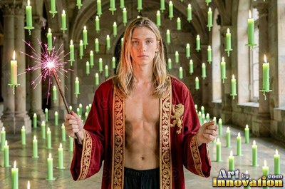 A blond man holds a sparking wand before floating green candles