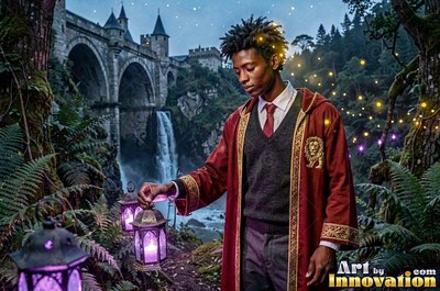 A young man in a red wizard robe holds a purple lantern near a bridge