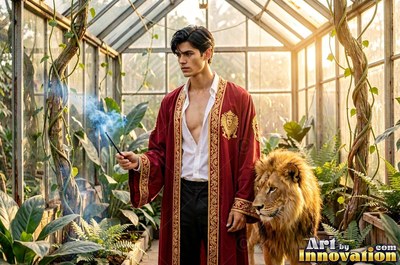 In a sunny greenhouse, a dark-haired man in a red robe holds a wand beside a lion