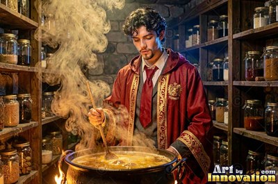Stirring a steaming cauldron, a young man in red robes stands between wooden shelves