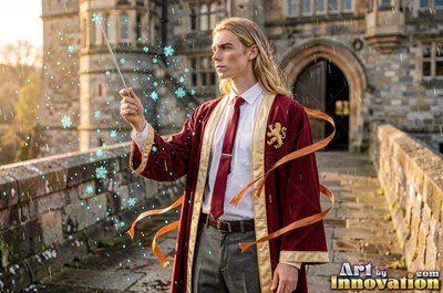 A blond man in a red robe raises his wand on a stone castle bridge