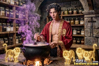 In a loose red cloak, a young man stirs a steaming black cauldron by four small gold lions in a stone potion room