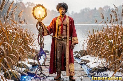 Standing on a stone path by a lake, a man holds a lit staff in an unfastened red robe
