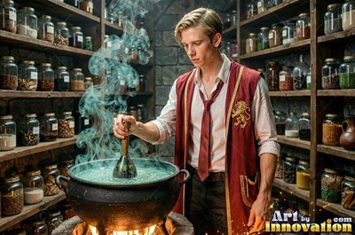 A blond young man in a red vest stirs a smoking black cauldron in a room of jars