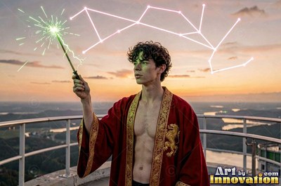 On a high rooftop, a man in an unzipped bright red robe points a wand at a constellation