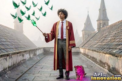Holding a wand, a young man in a bright red robe sends green birds flying from a rooftop